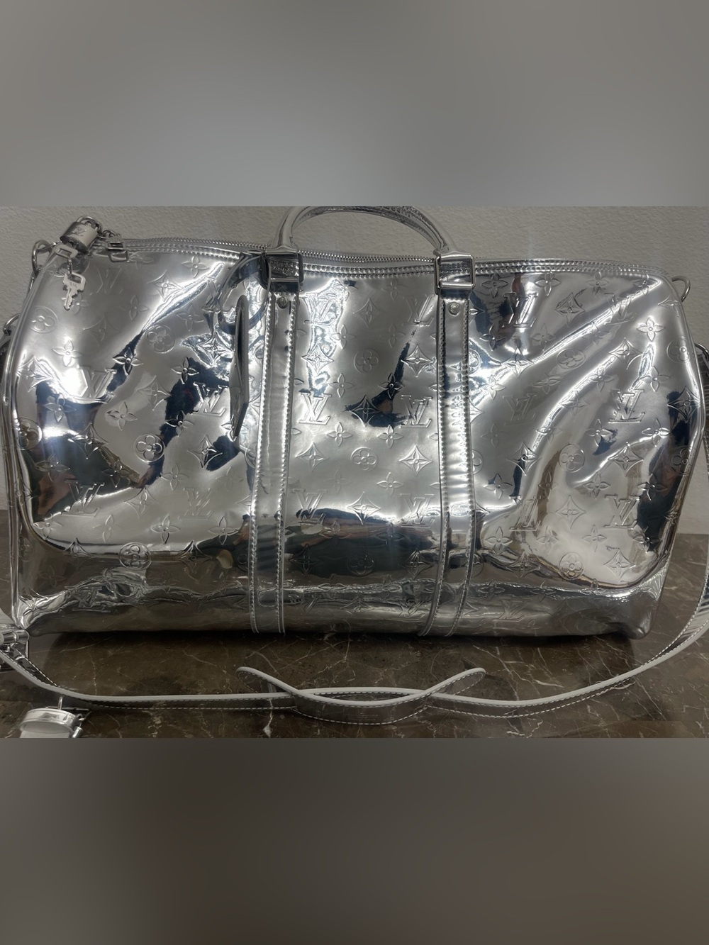 Silver Duffle Handbag Zip Closure Silver Hardware Inner Pocket